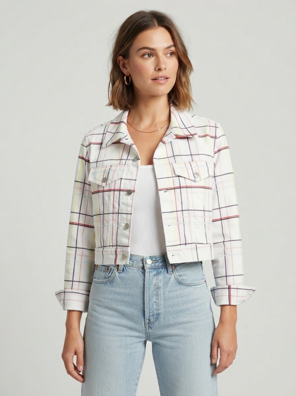 Alice + Olivia Cropped White Plaid Jacket with Multicolor Windowpane